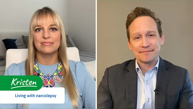 Video thumbnail with Kristen, a real person with narcolepsy taking WAKIX, and sleep specialist Dr. Chris Winter discussing talking with the healthcare provider when starting WAKIX
